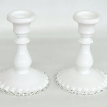 Fenton Silver Crest Style White Milk Glass Pair of Candle Stick Holders 2516B