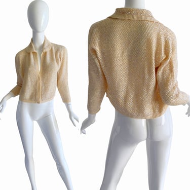 1950s Vintage Beaded Cardigan / Ivory sequins crochet sweater top / 50s Hand Knit Rhinestone sweater Medium 