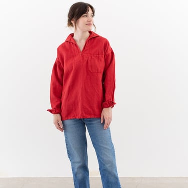 Vintage Overdye Tomato Red Sailor Popover Shirt | Unisex Herringbone Twill Long Sleeve Pullover | Artist Studio Top | S M 