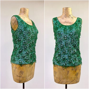 Vintage 1960s Green Sequin Beaded Shell, 60s Fancy Emerald Wool Knit Sleeveless Cocktail Top, Made in Hong Kong, Small 