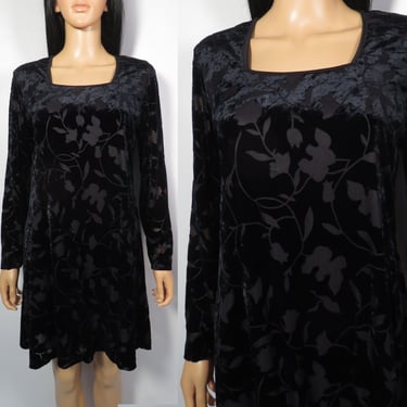 Vintage 90s Goth Witchy Black Crushed Velvet Burnout Floral Mini Dress Made In USA Size 12 L 