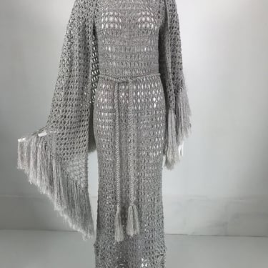 SOLD 1970s Glittery Silver Metallic Open Work Crochet Maxi Dress & Fringe Shawl
