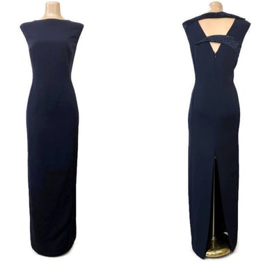 VINTAGE 90s Dramatic Midnight Blue Open Back Beaded Evening Gown by DayMor Couture Sz 16 | 1990s Mother of the Bride Formal Dress | vfg 