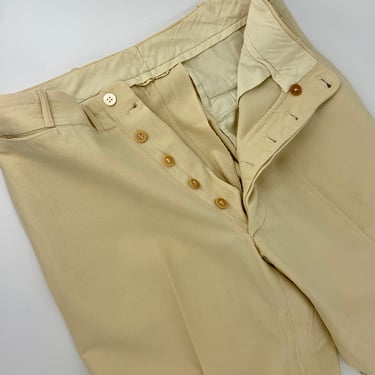 1920's Wool Flannel Trousers - Flat Front Panel - Butter White  Wool - Button Fly - Cuffed - Concealed Watch Pocket - 30 Inch Waist 