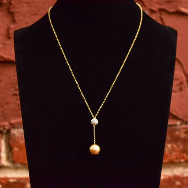 Estate 18K Diamond Ball Drop Lariat Necklace, Diamond Cluster Pendant, Yellow Gold Rolo Chain, 18
