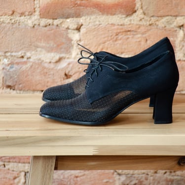 black oxford heels 90s vintage Amalfi black mesh sheer lace up heels size 8 