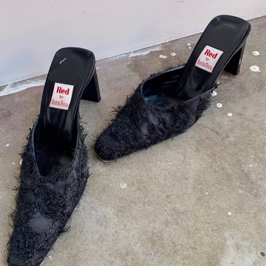 90s Red by Ramon Tenza Black Fuzzy Mules 