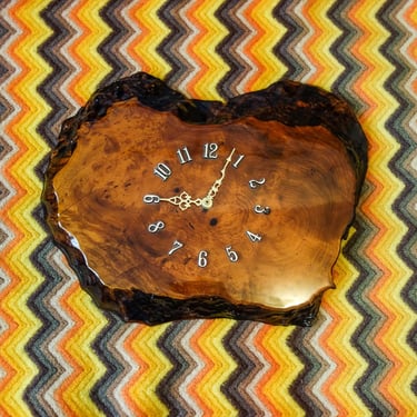 Rustic 70s wood slab clock for vintage bar or mancave decor, wood slab live edge burlwood cabin decor mid century modern hanging wall clock 