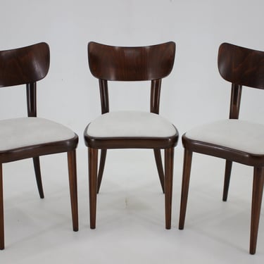 1950s Set of Three Restored Beech Dining Chairs, Czechoslovakia 