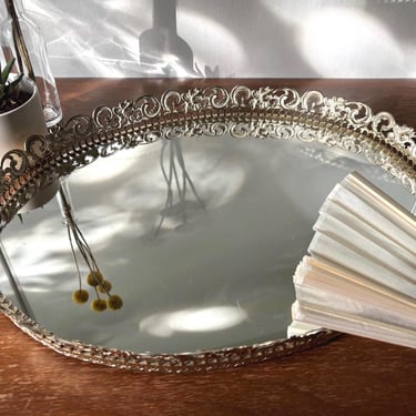 Vintage Oval Ornate Filigree Vanity Mirror Perfume Tray | Gold & Silver, Flower Borders | Elegant Hollywood Regency Glamour | Velvet Bottom 