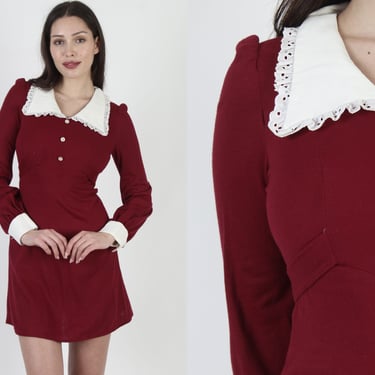 60s Burgundy Micro Mini Dress / Vintage 1960s Mod Scooter Outfit / Cocktail Party Wide Lace Dagger Collar 