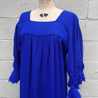 1960s Handwoven Bright Blue Kaftan With Fringed Sleeves and Hem Vintage  Hygge Loungewear 