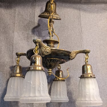 Antique Victorian Brass Pan Light Chandelier