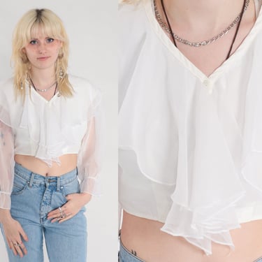 White Crop Top 90s Chiffon Ruffle Blouse Long Sheer Balloon Sleeve Cropped Shirt Bohemian Party Romantic Victorian Vintage 1990s Small S 