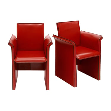 Red Leather Modernist Side Chairs by “Quia”