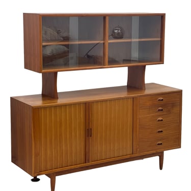 Free Shipping Within Continental US - Vintage Danish Mid Century Modern Teak Credenza Hutch Tambour Door Cabinet Dovetailed Drawers 