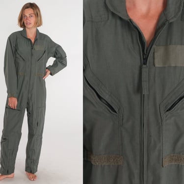 Green Flight Suit 90s Military Jumpsuit Army Coveralls Zip Up Onesie Aramid Long Sleeve Slate Boilersuit Vintage 1990s Mens 38 Short Medium 