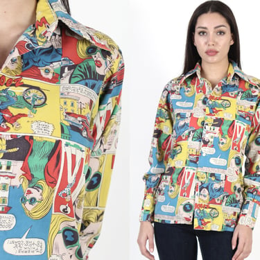 All Over Print Comic Strip Button Up Shirt, Vintage Campus Expression Butterfly Collar Shirt Small 