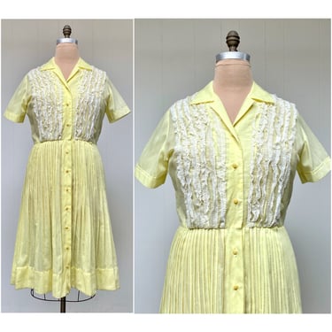Vintage 1950s Volup Yellow Cotton and Lace Shirtwaist Dress, 50s Rockabilly Dress, Mid-Century Day Dress, Size XL to 1 X 45" Bust 