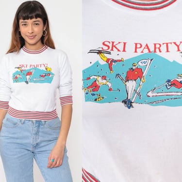 Cropped Ski Sweatshirt 90s Skiing Party Sweatshirt 1990s Sweater Vintage Striped Ringer Sweatshirt White Cartoon Cropped 2xs xxs 