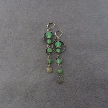 Long sea glass earrings, bohemian earrings, dangle earrings, bold boho earrings, green earrings, geometric earrings, artisan bronze 