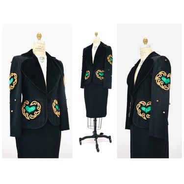 90s Vintage Isabelle Allard Paris Black Jacket and Skirt Suit with Hearts Beaded Black Heart Jacket Blazer Skirt Pop Art 80s 90s designer 