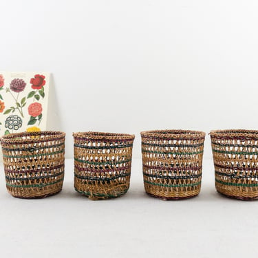 Vintage Multi Colored Wicker Cup Holders, Set of 4, Small Woven Rattan Wraps for Glasses or Plants 