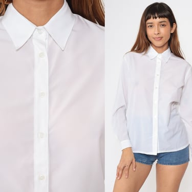 70s Button Up Shirt White Blouse Collar Top Long Sleeve Retro Basic Disco Shirt Collared Plain Seventies Blouse Vintage 1970s Medium 