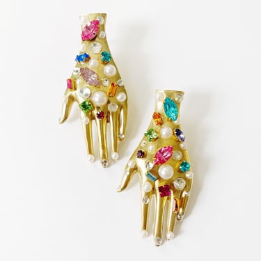 Vintage rhinestone ceramic hand earrings 