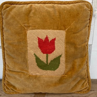 Mid Century Gold Velvet Throw Pillow With Needlepoint Tulip Insert,  MCM Sofa, Square, Gold Orange And Green 