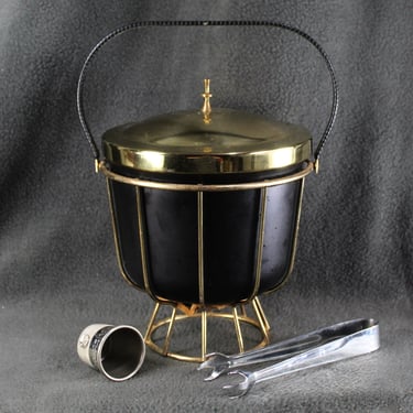 d Vintage Pyrex Ice  Ice Bucket on Gold Metal Stand | Ice Bucket with Ice Tongs & Shot Glass | Mid-Century Ice Bucket | Bixley Shop 