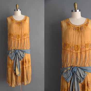 1920s Art Deco ruffled silk chiffon printed dress antique