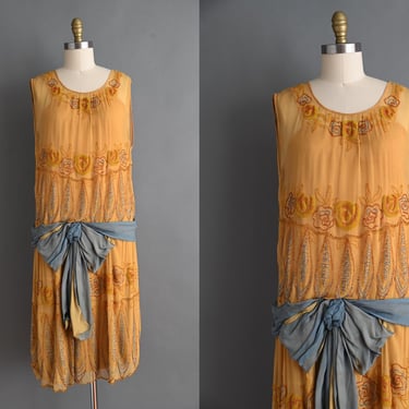 vintage 1920s dress | Rare Antique Golden Beaded Silk Chiffon Art Deco Dress | Medium 