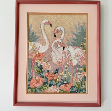 Vintage Flamingo Needlepoint Framed Wall Art 