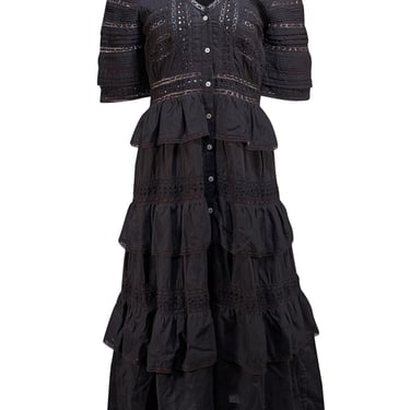 LoveShackFancy - Black Cotton Tiered Dress w/ Embroidered Lace Sz S