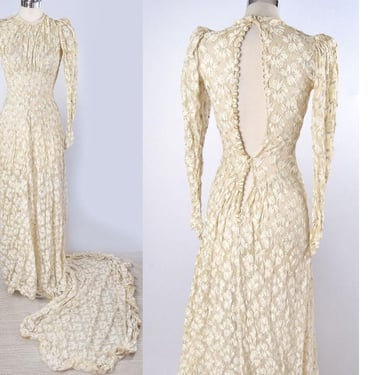 1930's Ivory Lace Wedding Gown, Long Train, ART DECO Antique Bridal Dress - Needs Repairs 