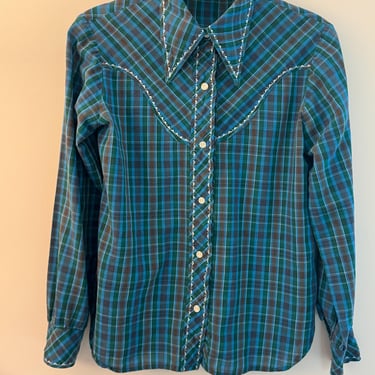 Teal Plaid Western Shirt 1970's S/M 