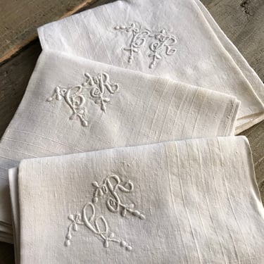 Reserved French Mens Handkerchief Set, Fine White Linen, Set of 10, Hand Embroidered Monogram C R 