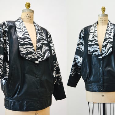 80s 90s Vintage Black Silver Leather Jacket Biker Motorcycle Jacket Metallic Silver Leather Jacket Small Medium Large 80s Glam Zebra Print 