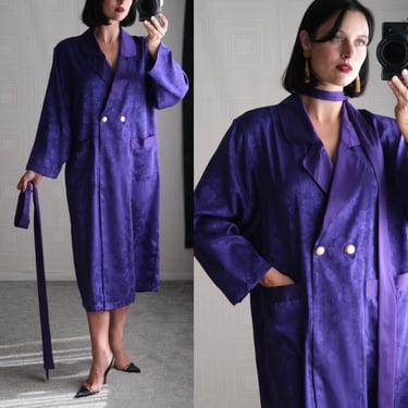 Vintage 90s Victorias Secret Purple Double Breasted Notched Lapel Satin Sleep Dress w/ Matching Belt | 1990s Designer Slip Dress Robe 