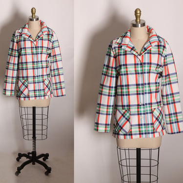 1970s White, Green, Red and Blue Plaid Long Sleeve Button Up Blazer Jacket by Prince Dallas -XL 