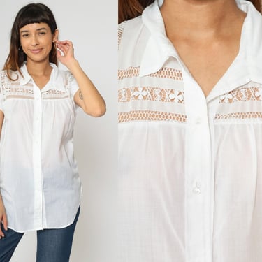 70s White Cut Out Top Semi-Sheer Cutwork Blouse Button Up Shirt Cutout Bohemian Cap Sleeve Vintage 1970s Boho Hippie Summer Top Small 