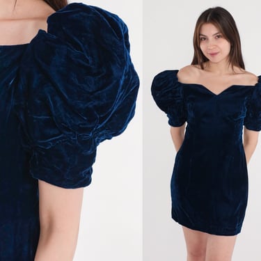 Velvet Party Dress 80s Navy Blue Mini Dress Puff Sleeve Off Shoulder Scalloped Sheath Formal Evening Cocktail Prom Vintage 1980s Small S 