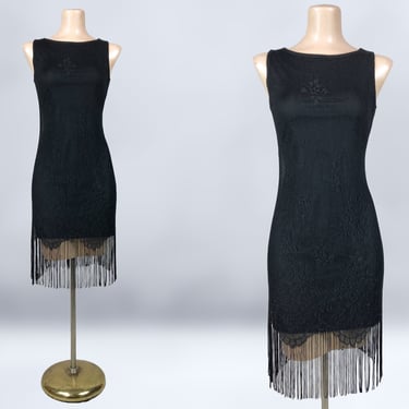 VINTAGE 90s does 20s Black Crochet Fringe Dress By Double Fault Sz Small | 1990s Gatsby Retro 1920s Flapper Dress | VFG 