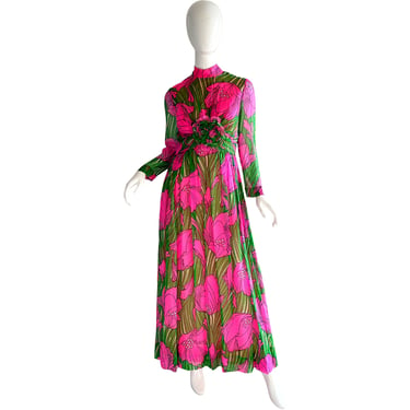 70s Psychedelic Silk Maxi Dress / Jerry Marsch For Mardi Gras Dress / 1970s Pink Origami Flower Gown Medium 