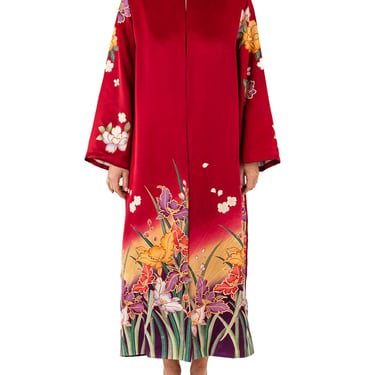 MORPHEW COLLECTION Red Floral Japanese Kimono Silk Duster 