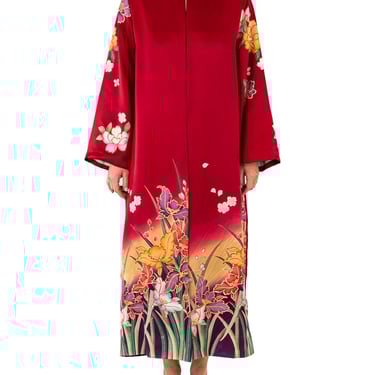 MORPHEW COLLECTION Red Floral Japanese Kimono Silk Duster 