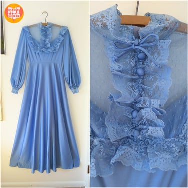 Beautiful Vintage 70s Periwinkle Blue Long Maxi Dress with Lace Ruffle Bib Collar 