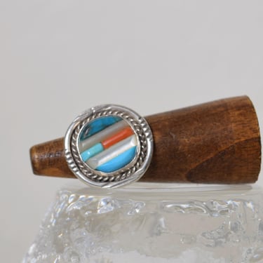 Vintage 60s Artisan ZUNI Native American Sterling Silver BRUTALIST Sculptural  Geometric Precious Stone Statement Circle Braided Ring 