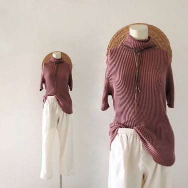dusty rose turtleneck - m - vintage 90s y2k short sleeve knit sweater minimal top blouse medium 